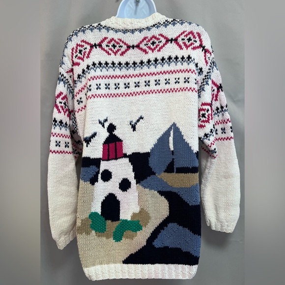 Vintage Van Heusen For Her Hand Knitted Sweater Sz Medium Beach Lighthouse‎ - Picture 1 of 13